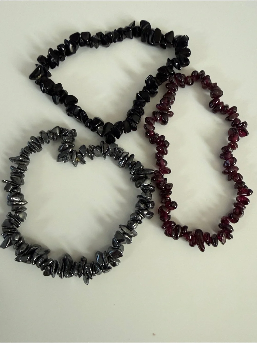 Vintage Chip Bead Stretch Bracelet Trio - onyx , Hematite, & garnet